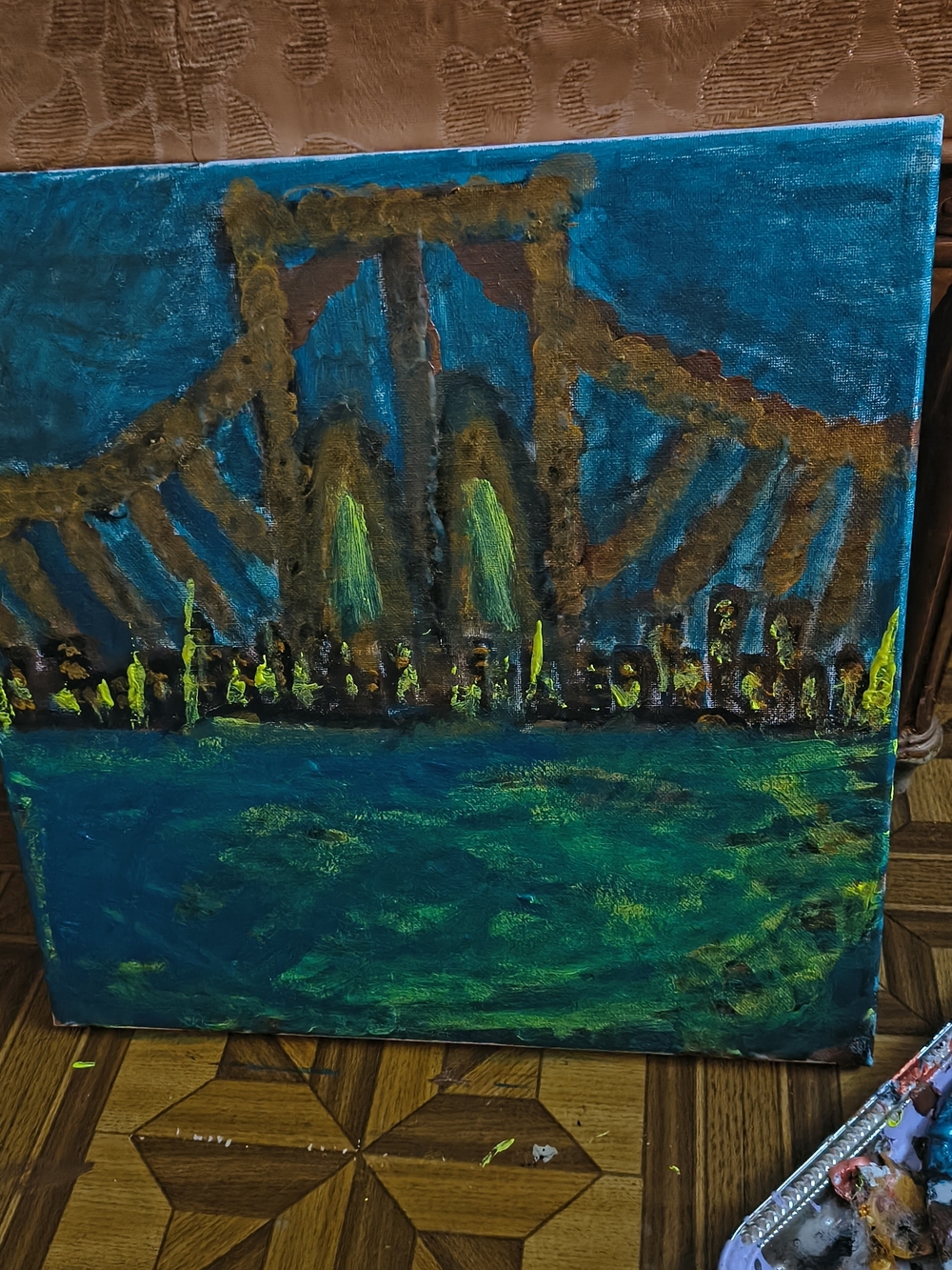 Hand-Painted Teal and Gold City Bridge Canvas -abstract Art By me... 🤎
